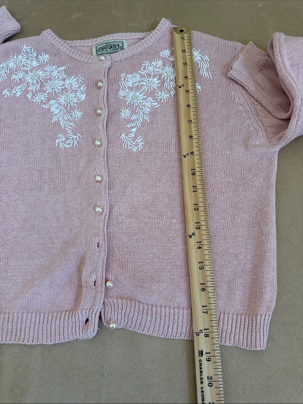 Croquet Club Vintage 80s Soft Pink Beaded Cardigan Size M - Picture 5 of 8